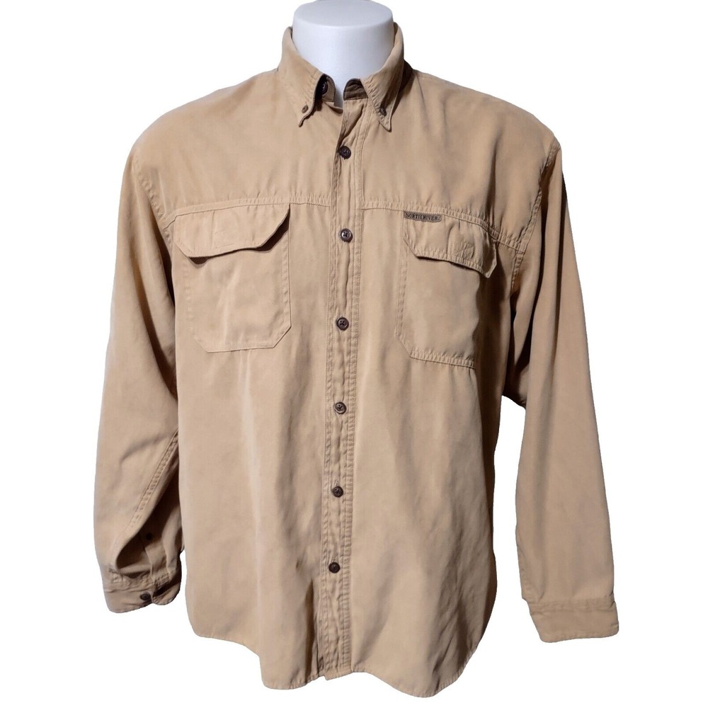 North River Faux Suede Shirt Men's Large Button Up Pockets Collared Long Sleeve.
